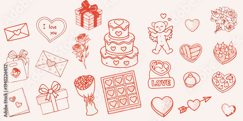 A collection of hand drawn red valentine s day themed illustrations