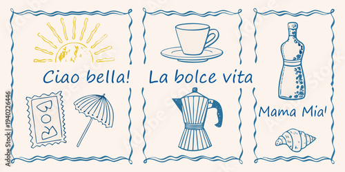 Italian themed doodles with sun coffee wine and phrases