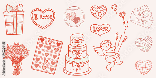 A collection of hand drawn valentine s day themed illustrations in red