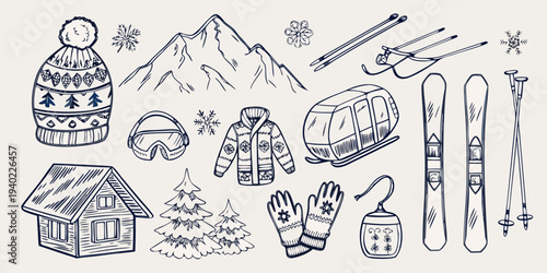 Winter sports and cozy elements illustrated in a blue sketch style