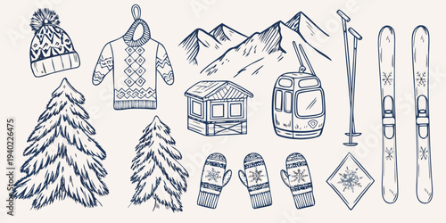 Winter themed sketches depict clothing mountains and ski resort elements