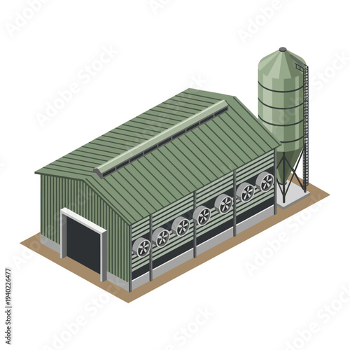 Isometric Illustration of a Modern Poultry Farm Building with Silo.
