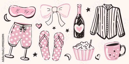 A collection of self care items including pajamas champagne and cozy treats