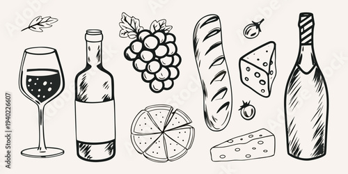 A charming hand drawn illustration of wine cheese and french bread