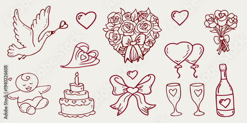 Romantic doodles featuring a dove hearts flowers and celebratory items