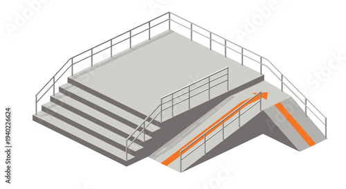 Isometric Illustration of Accessible Pedestrian Overpass with Stairs and Ramp.