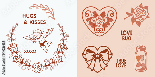 Vintage style romantic illustrations featuring hearts roses and cherubic figures