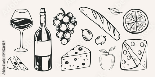 A charming sketch of wine cheese fruit and bread for a picnic