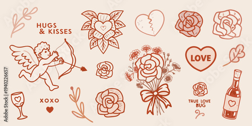 Valentine s day doodles with hearts roses cupid and romantic elements