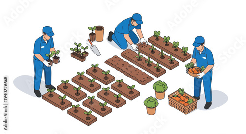 Isometric illustration of people gardening and planting vegetables.