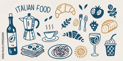 A colorful illustration of italian food items and decorative elements