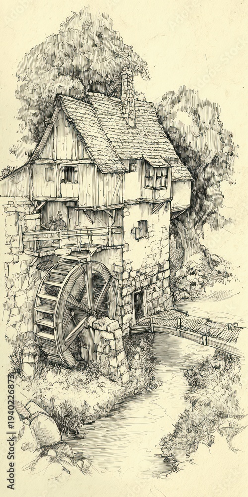 Naklejka premium A detailed pencil sketch of an old watermill, with a waterwheel and a small stream