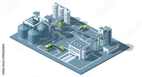 Isometric Industrial Complex with Factories and Storage Tanks.