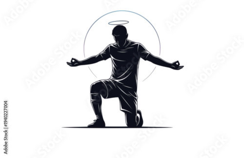 Soccer Striker Zen Meditation Celebration Silhouette, Football Legend Goal Pose Vector Sticker, Mindful Sports Athlete Illustration