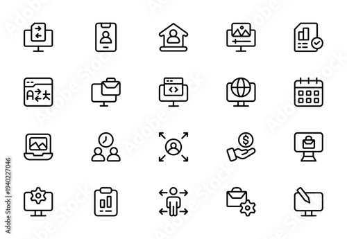 Freelance Outsource Line Icon Set for Remote Work, Digital Services, Online Business and Professional Collaboration Outline Vector Collection