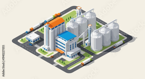 Isometric Industrial Complex with Silos and Factory Buildings.