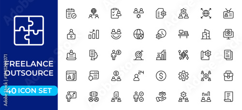 Freelance Outsource Line Icon Set for Remote Work, Digital Services, Online Business and Professional Collaboration Outline Vector Collection