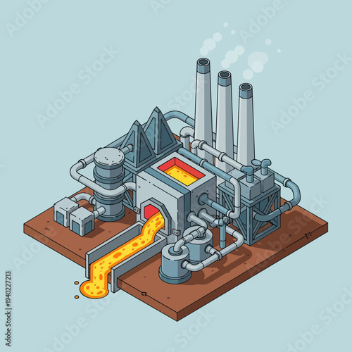 Isometric Industrial Factory with Molten Metal Production.