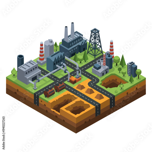 Isometric Industrial Landscape with Factories and Mining Operations.