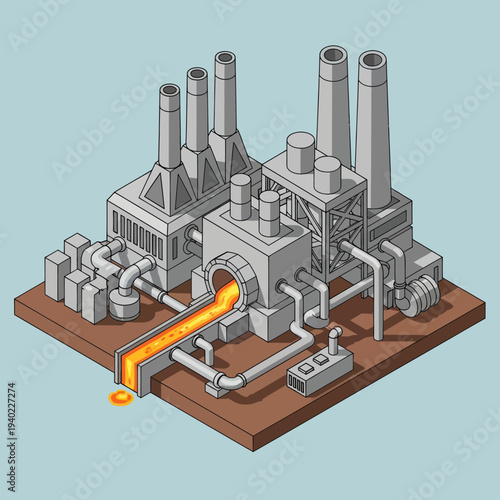 Isometric Industrial Factory with Molten Metal Production.