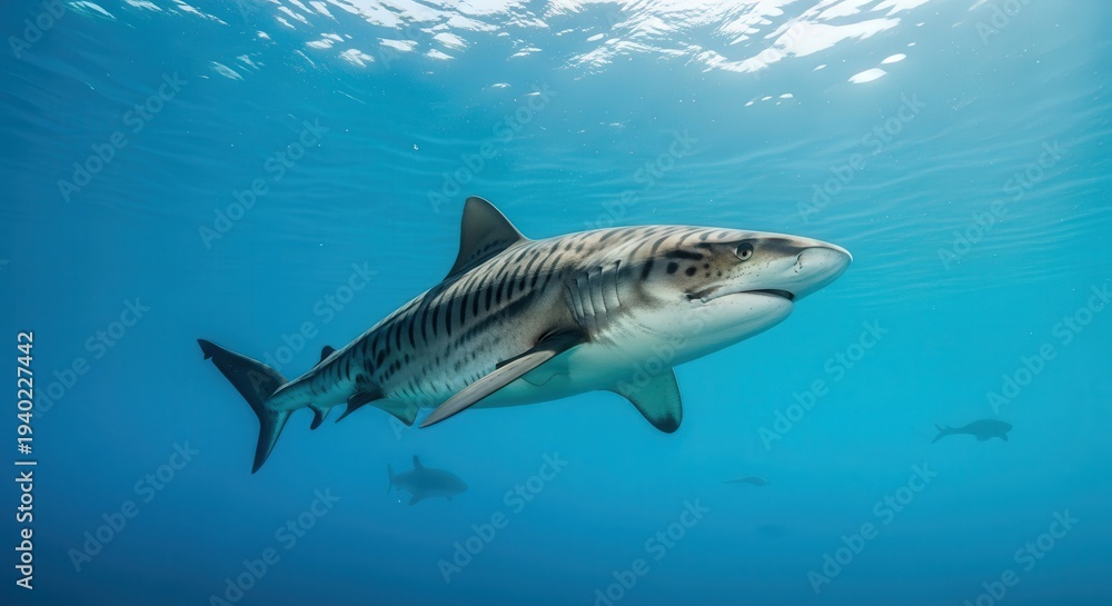 Fototapeta premium Underwater Scene Featuring a Shark Swimming in Clear Ocean Waters