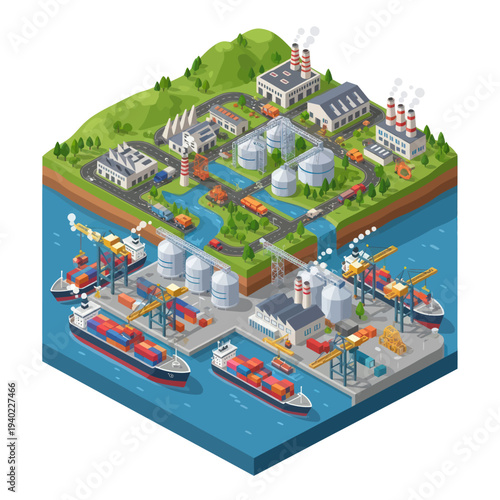 Isometric Industrial Port and Cityscape with Factories and Cargo Ships.