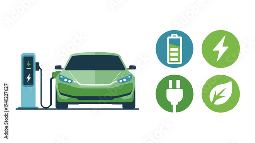 Green electric vehicle charging at a blue station with environmental icons including battery and leaf in a flat vector illustration style isolated on transparent