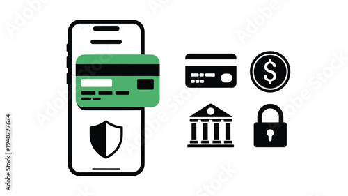Secure mobile payment and banking vector illustration featuring a smartphone with credit card, shield, and financial icons for digital transaction safety.