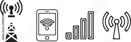 hand drawn wi fi signal symbol wireless network mobile black outline icon set vector illustration design art