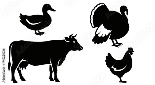 Farm Animals Silhouettes: Duck, Turkey, Cow, and Chicken Icons Set