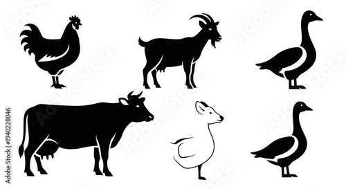 Farm Animals Silhouettes Set: Chicken, Goat, Cow, Goose Icons
