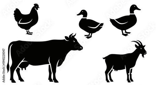 Farm Animals Silhouettes Set - Chicken, Ducks, Cow, and Goat Black Icons