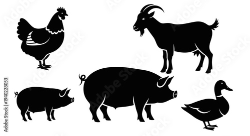 Farm Animals Silhouettes Set: Chicken, Goat, Pigs, and Duck Icons