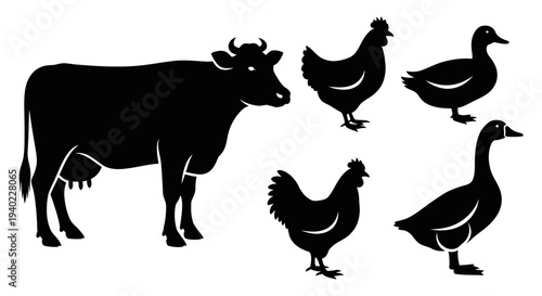 Farm Animals Silhouettes Set: Cow, Chickens, and Ducks Icons