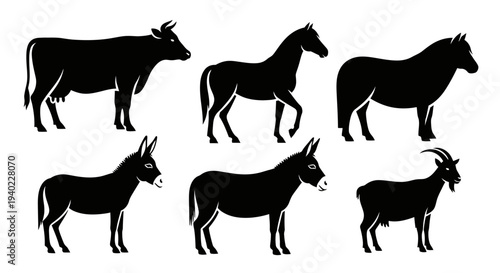 Farm Animals Silhouettes Set: Cow, Horse, Donkeys, and Goat Vector Icons