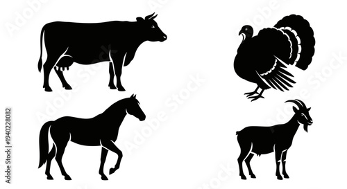 Farm Animals Silhouettes Set: Cow, Turkey, Horse, and Goat Vector Icons