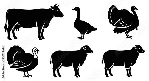 Farm Animals Silhouettes Set: Cow, Sheep, Turkey, and Goose Icons