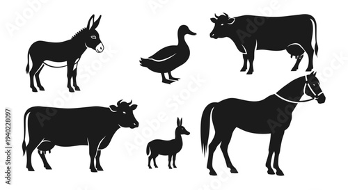 Farm Animals Silhouettes Set: Donkey, Duck, Cows, Llama, Horse Livestock Icons