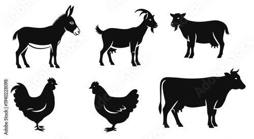 Farm Animals Silhouettes Set: Donkey, Goats, Chickens, and Cow Icons