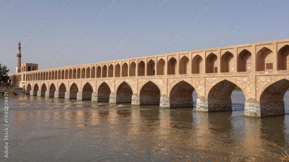 Fototapeta premium Long arched stone bridge spanning calm river composed multiple arches each distinct geometric pattern arranged symmetrical manner