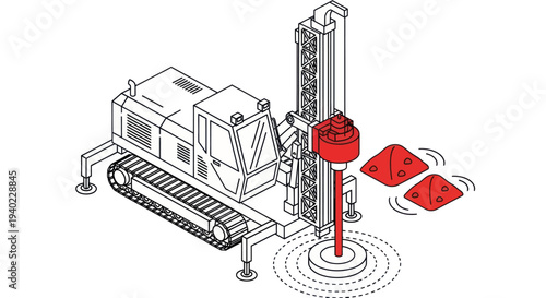 Isometric illustration of a drilling rig at a construction site, performing ground investigation.