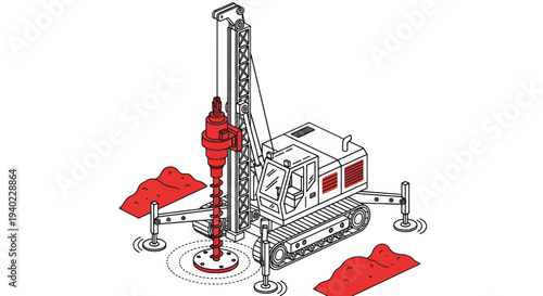 Isometric illustration of a drilling rig for construction and engineering projects.