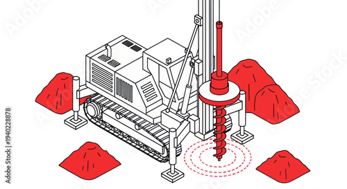 Isometric illustration of a drilling rig for construction and engineering projects.