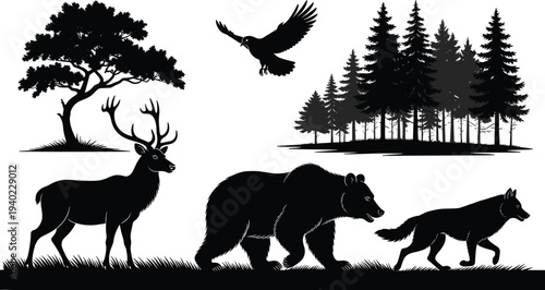 Forest wildlife silhouettes with deer, bear, wolf, and bird, woodland nature vector illustration, animal outline artwork, hunting and wildlife ecosystem concept graphics