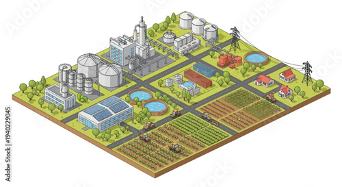 Isometric illustration of a sustainable industrial and agricultural landscape.