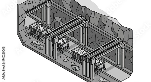 Isometric illustration of an underground mine with mining carts and support structures.
