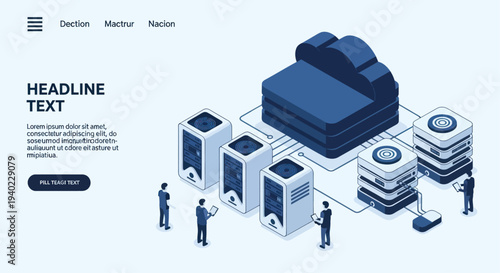 Isometric illustration of cloud computing and data center infrastructure with tiny people.