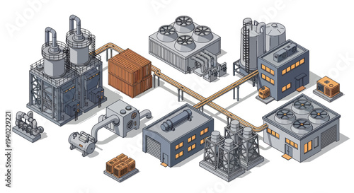 Isometric Industrial Complex with Factories and Storage Units.
