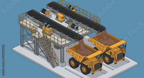 Isometric industrial mining equipment with dump trucks and conveyor belts.