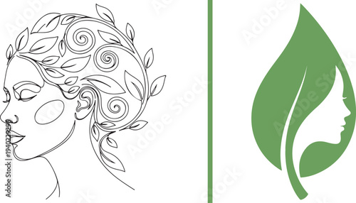 A comprehensive set of feminine vector logos featuring woman profiles integrated with diverse botanical leaves and wreaths. Elegant minimalist designs in various colors for beauty and wellness.